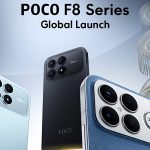 Banner promosi peluncuran global POCO F8 Series menampilkan tiga unit smartphone dengan varian warna biru muda, hitam matte, dan biru bertekstur, serta modul kamera belakang yang besar dan modern.